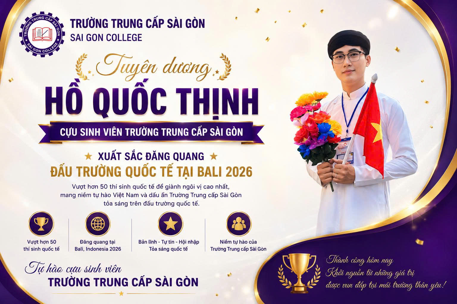 Hồ Quốc Thịnh sinh viên trường Trung Cấp Sài Gòn, giành Giải Nhất Hội thi Housekeeping Quốc tế tại Bali 2026