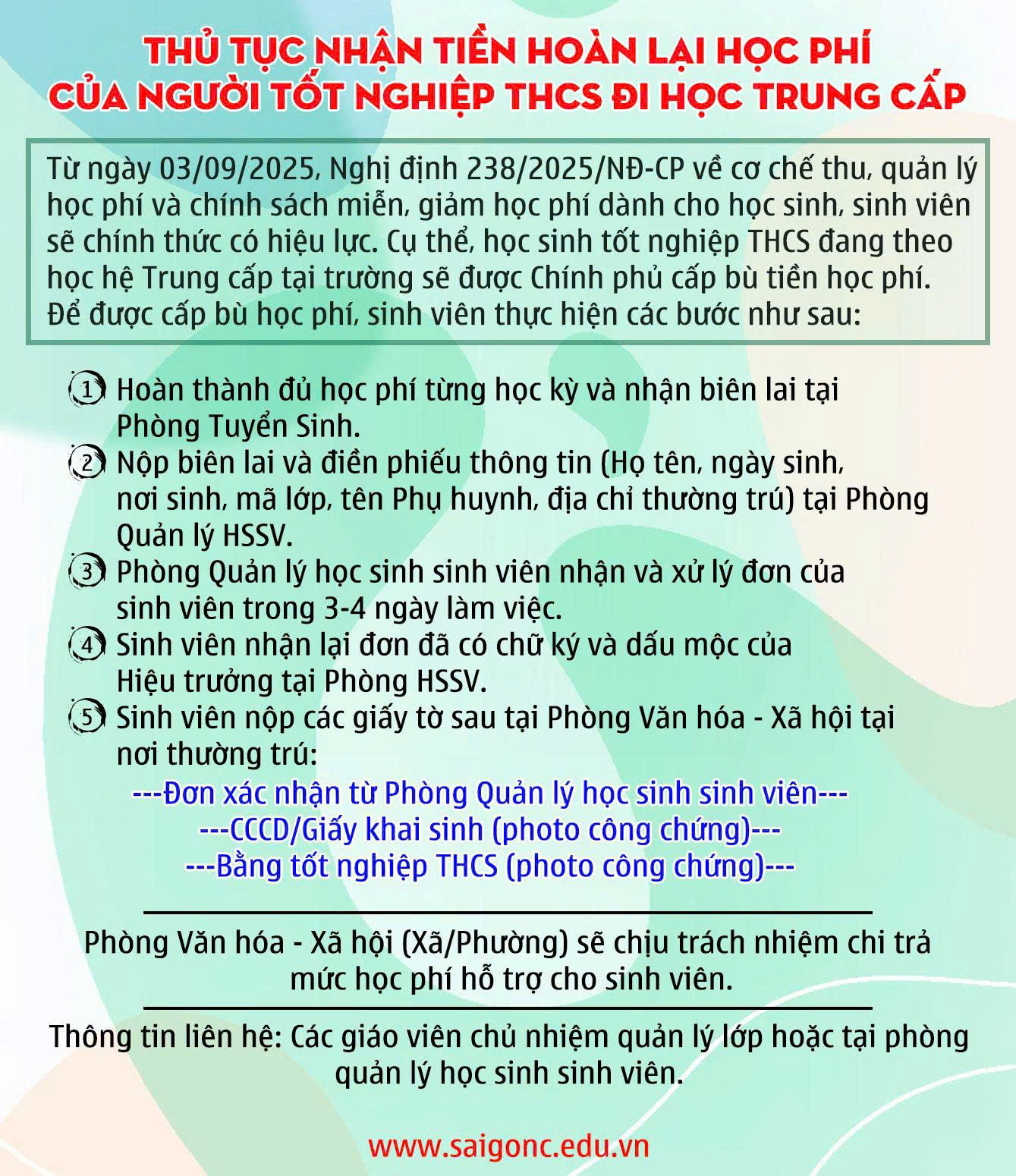 Hướng Dẫn Chi Tiết Thủ Tục Nhận Tiền Hoàn Lại Học Phí Cho Học Sinh Tốt Nghiệp THCS Học Trung Cấp