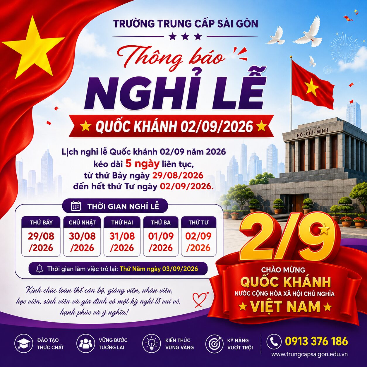 Thông báo nghỉ lễ 2 tháng 9 năm 2026 tại Trường Trung Cấp Sài Gòn