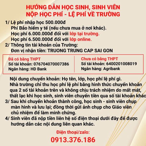 Hướng dẫn nộp học phí và lệ phí tại Trường Trung cấp Sài Gòn